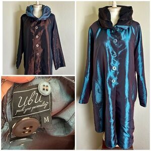 Ex! UBU Raincoat Jacket Iridescent Teal & Brown Reversible Button Up  Sz M $201